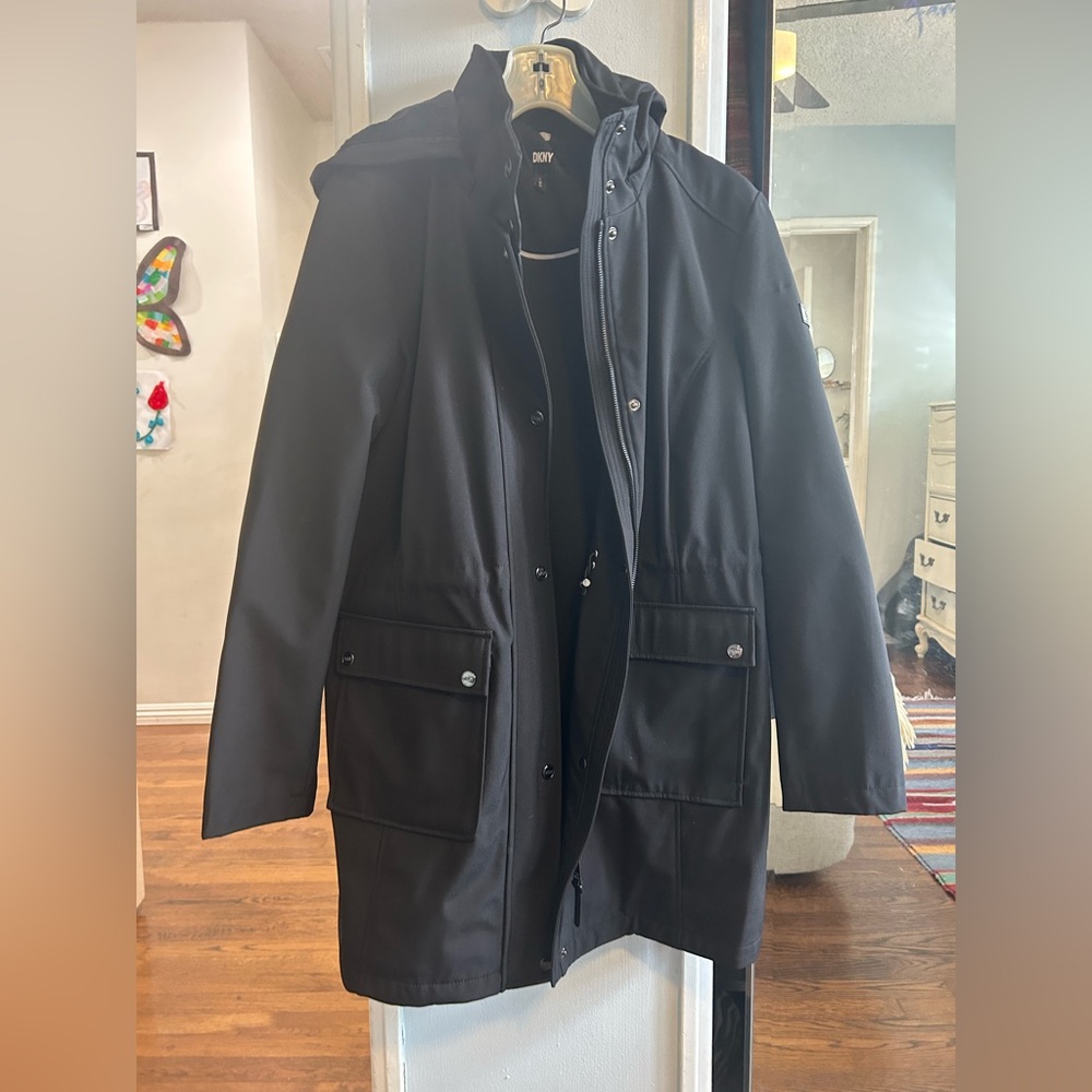 DKNY Black Raincoat Weather-Resistant Minimalist Design